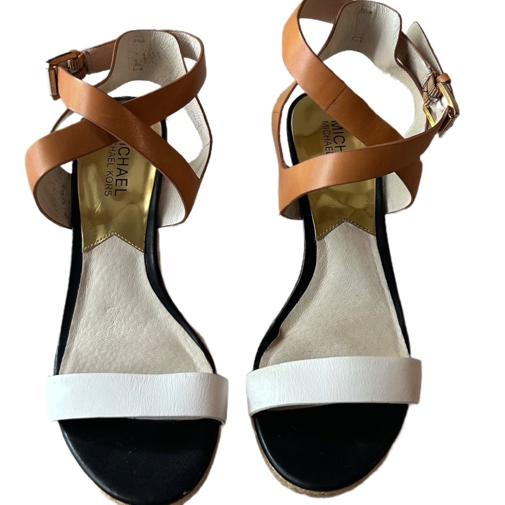 Michael Kors White, Tan Strappy Leather Sandals